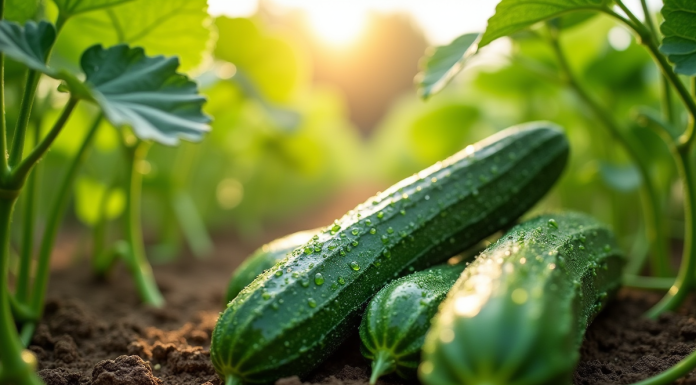 Champ de concombres en été avec gouttes d'eau et soleil