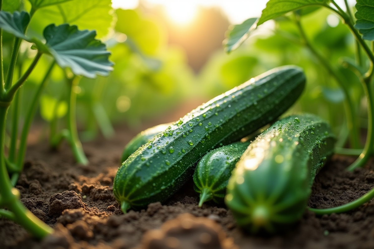 Champ de concombres en été avec gouttes d'eau et soleil