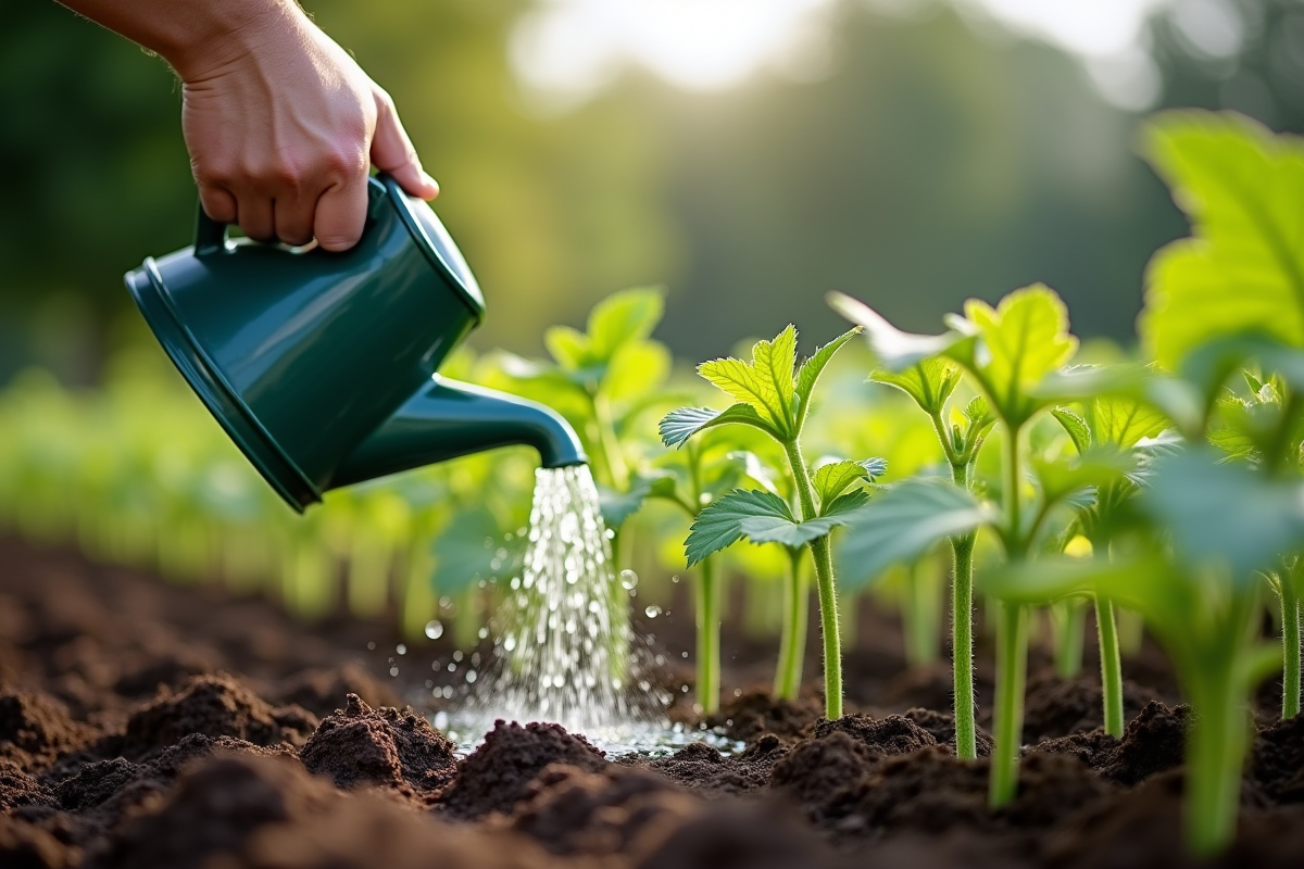 Jardinier arrosant jeunes plants de concombres avec un arrosoir