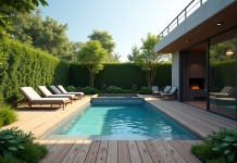 Piscine compacte dans un jardin extérieur moderne avec terrasse en bois
