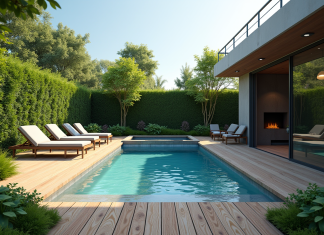 Piscine compacte dans un jardin extérieur moderne avec terrasse en bois
