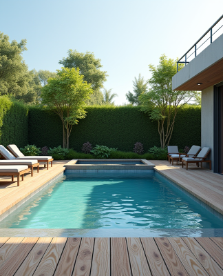Piscine compacte dans un jardin extérieur moderne avec terrasse en bois