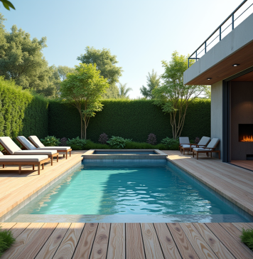 Piscine compacte dans un jardin extérieur moderne avec terrasse en bois