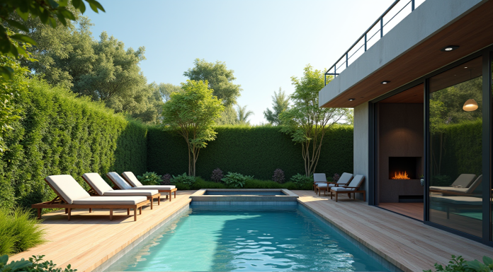 Piscine compacte dans un jardin extérieur moderne avec terrasse en bois