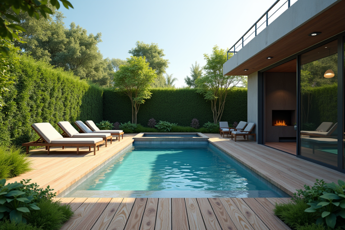 petit-piscine-jardin-extrieur Piscine compacte dans un jardin extérieur moderne avec terrasse en bois
