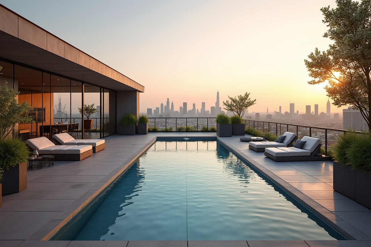 Piscine rectangulaire sur terrasse rooftop avec vue sur la ville
