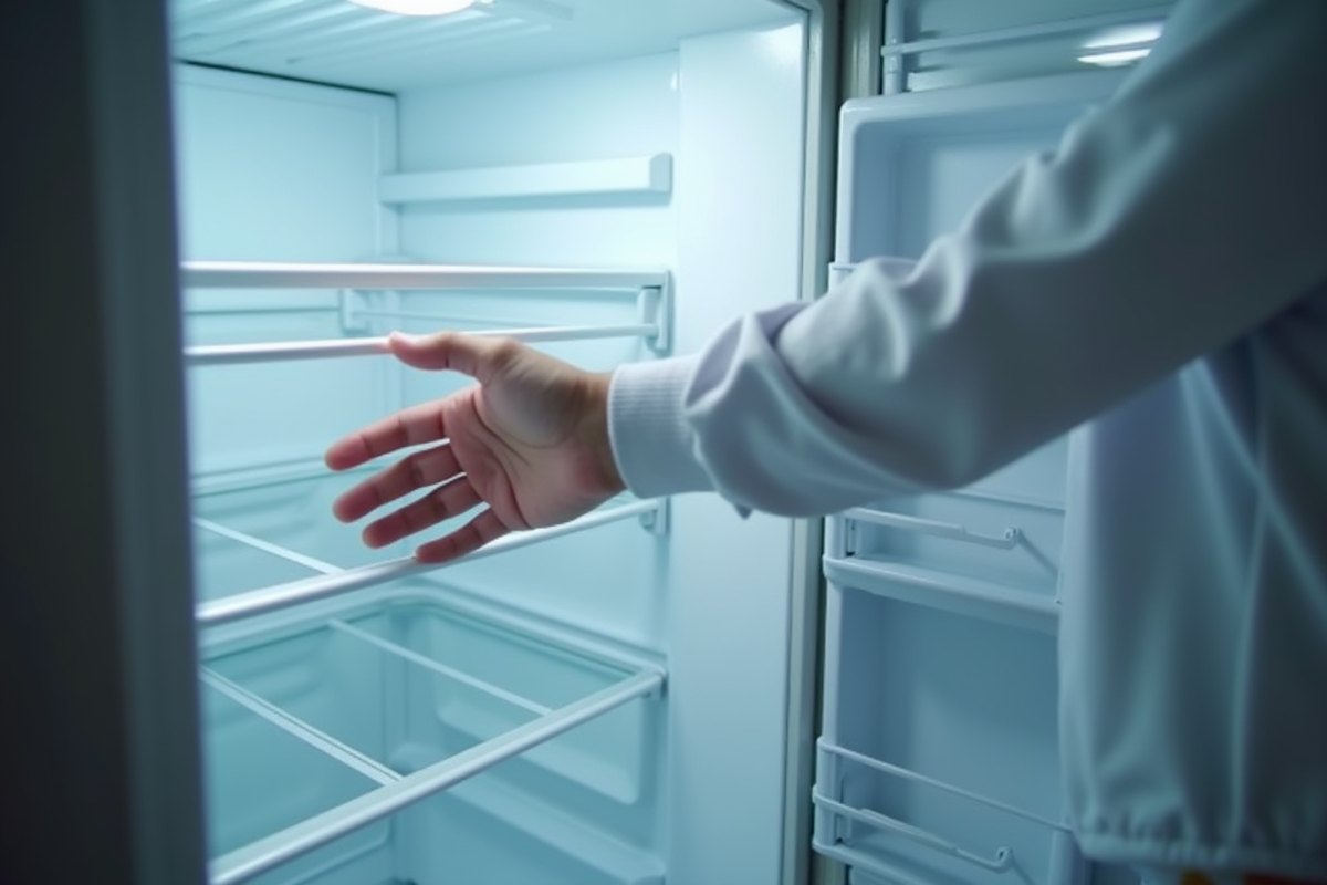 Main fermant doucement une porte de freezer avec condensation