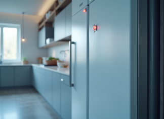 Porte de freezer ouverte dans une cuisine lumineuse avec givre