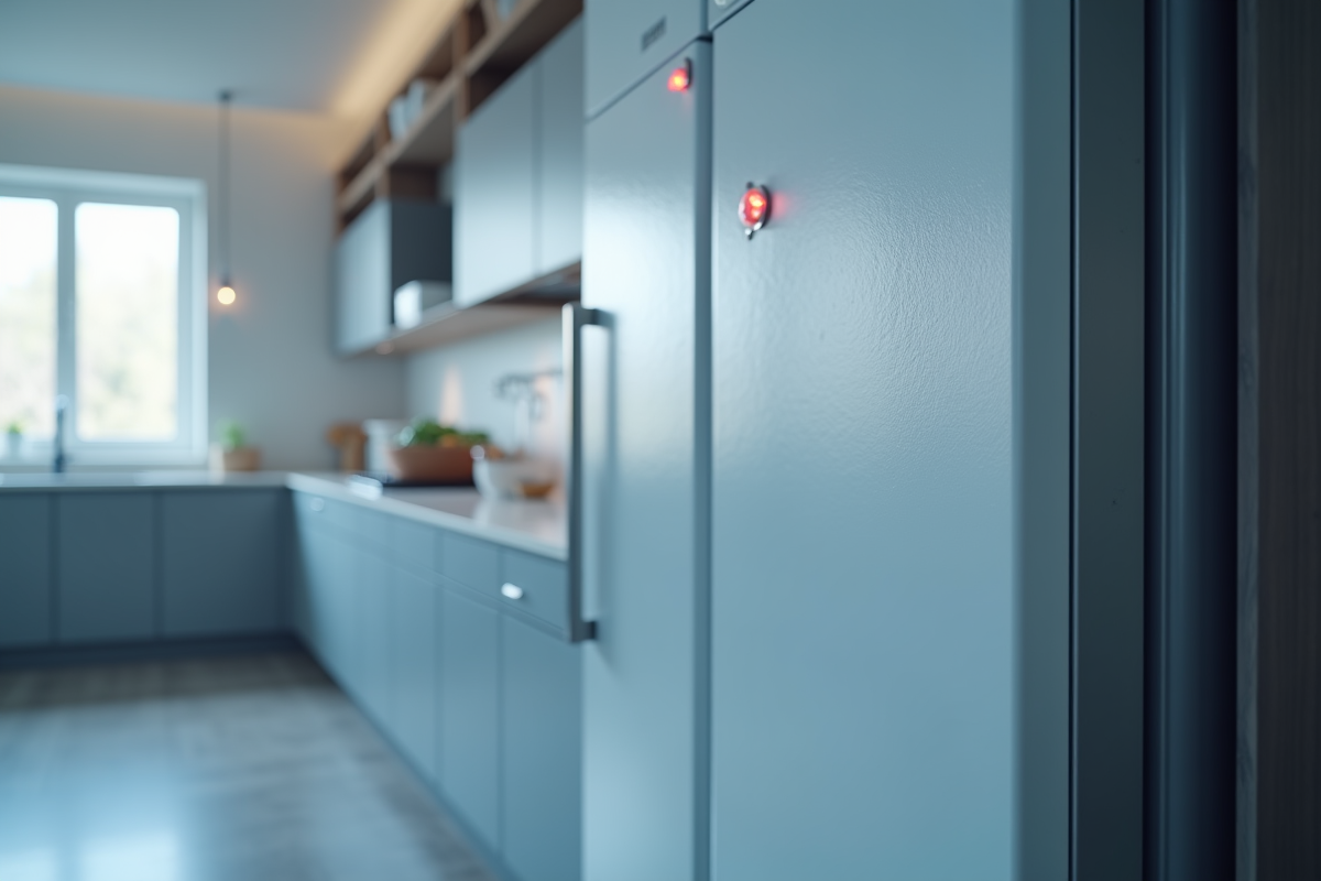 Porte de freezer ouverte dans une cuisine lumineuse avec givre