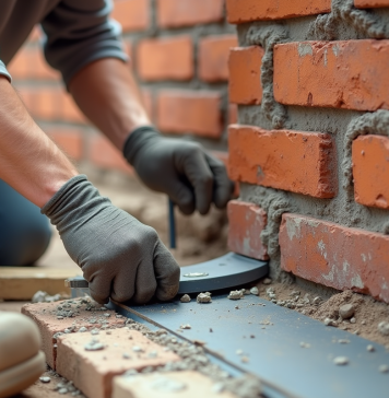 Constructeur posant bande d arase sur mur en briques