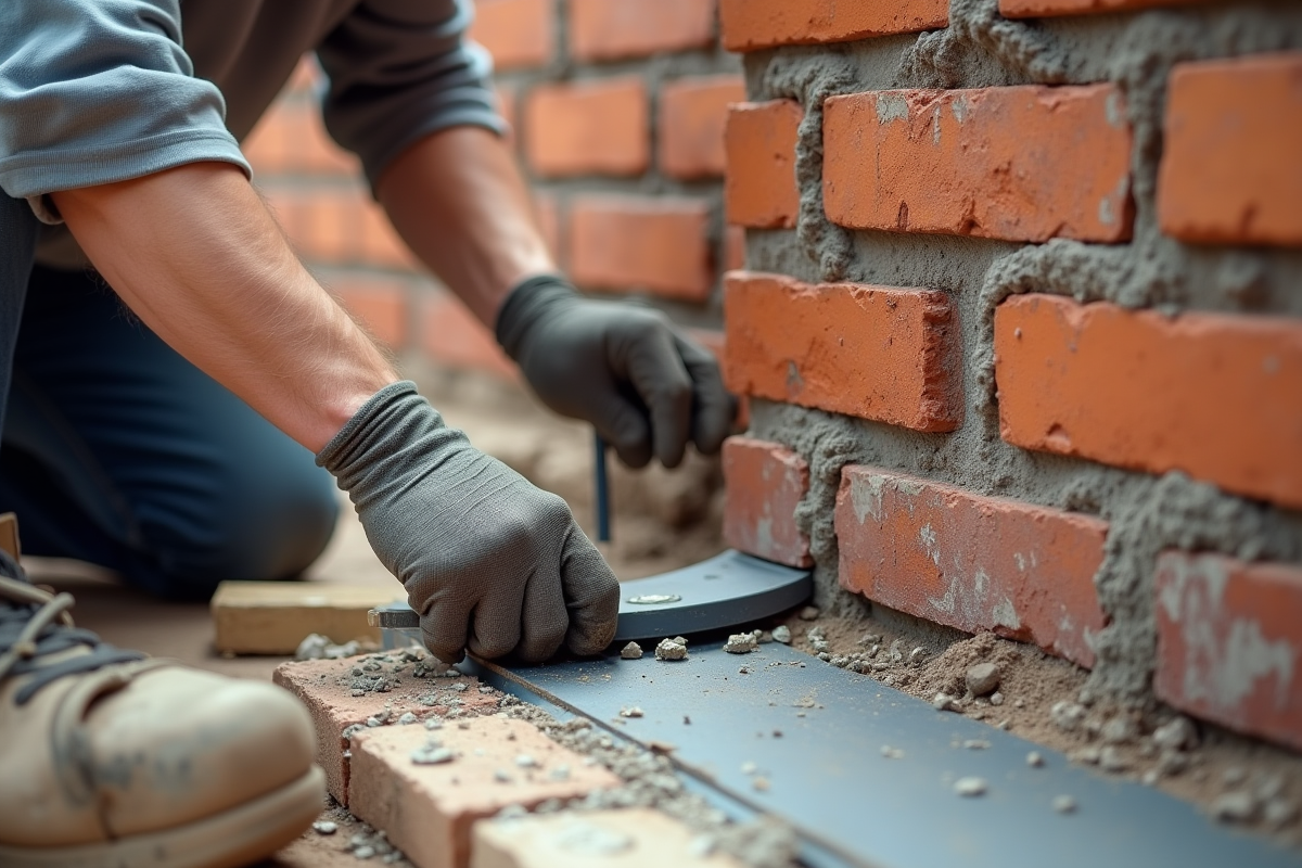 Constructeur posant bande d arase sur mur en briques