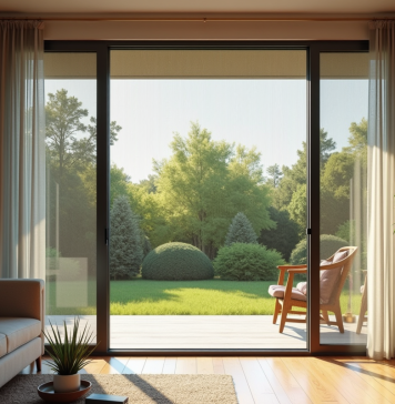 Salon moderne avec porte-fenêtre et moustiquaire