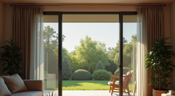 Salon moderne avec porte-fenêtre et moustiquaire