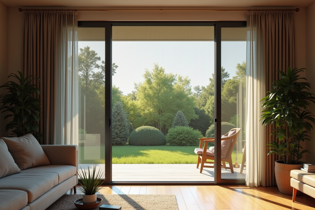 Salon moderne avec porte-fenêtre et moustiquaire