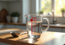 Verre mesureur rempli d'eau à 350 ml sur plan de travail