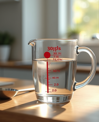 Verre mesureur rempli d'eau à 350 ml sur plan de travail