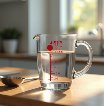Verre mesureur rempli d'eau à 350 ml sur plan de travail