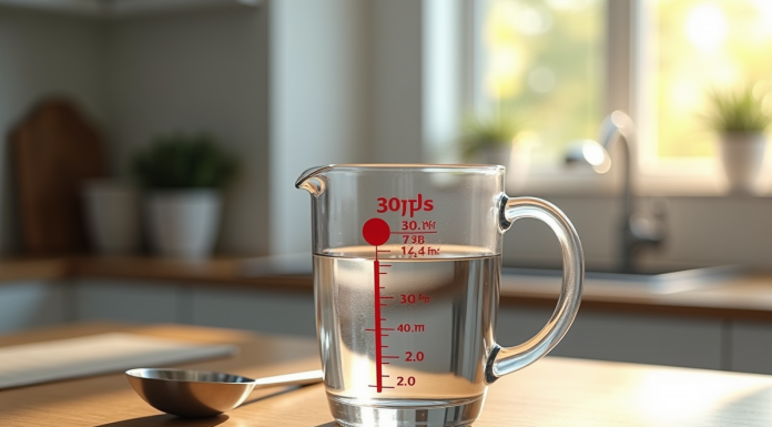 Verre mesureur rempli d'eau à 350 ml sur plan de travail