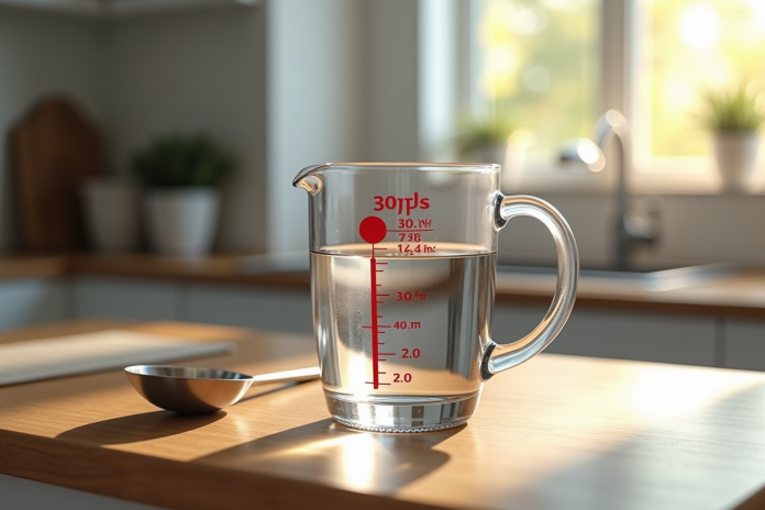 verre-mesure-eau-350ml Verre mesureur rempli d'eau à 350 ml sur plan de travail