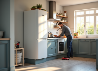 Installation moderne de chaudière gaz dans une cuisine lumineuse