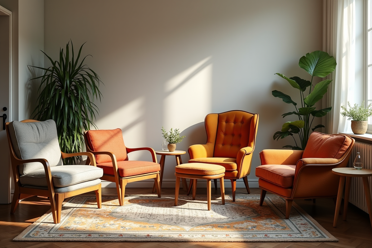 Coin salon avec chaises vintage et modernes sur un tapis coloré