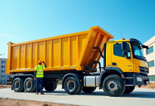 Chargement d'une benne industrielle sur un camion jaune en chantier urbain