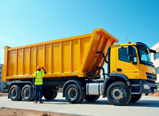 Chargement d'une benne industrielle sur un camion jaune en chantier urbain
