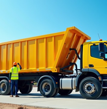 Prix location benne : comparez et choisissez la meilleure offre pour vous ! Chargement d'une benne industrielle sur un camion jaune en chantier urbain