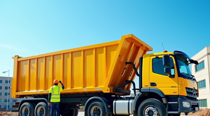 Chargement d'une benne industrielle sur un camion jaune en chantier urbain