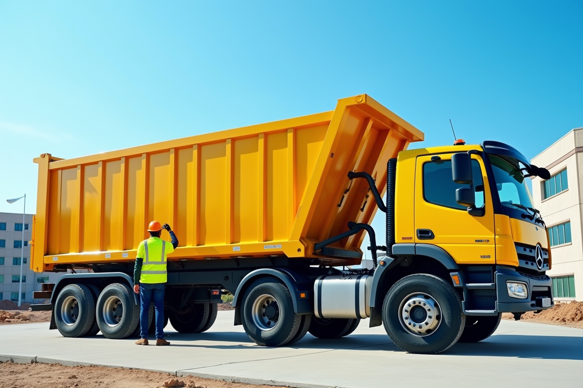 Chargement d'une benne industrielle sur un camion jaune en chantier urbain