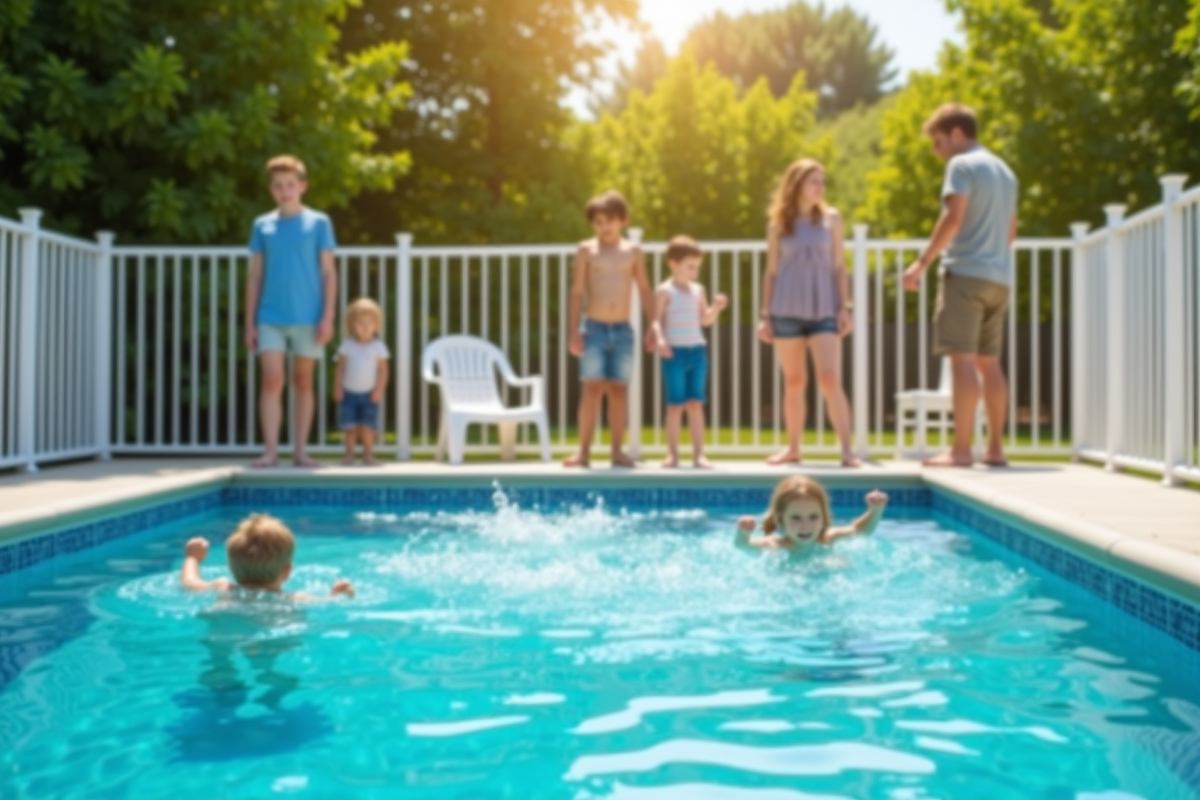 Enfants derrière la clôture de sécurité de la piscine en été