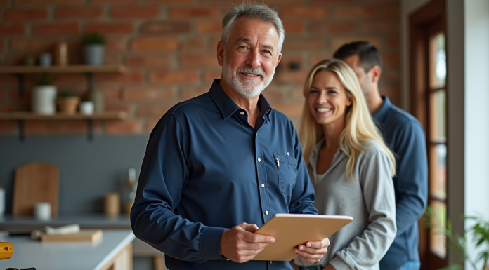 Expert en renovation discutant avec un couple dans un intérieur moderne