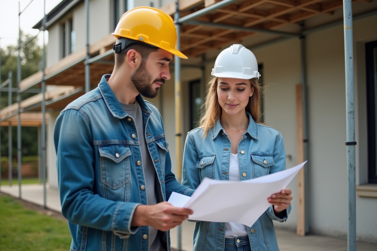 Jeune femme gestionnaire de projet examinant des plans de renovation extérieurs