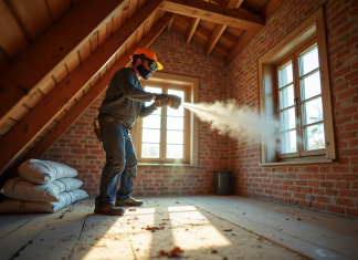 Artisan soufflant de l'isolation dans une mansarde de maison ancienne