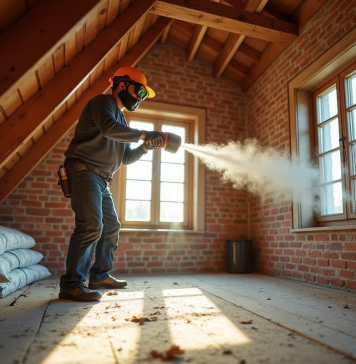 Isolation maison années 30 : comment procéder efficacement ? Artisan soufflant de l'isolation dans une mansarde de maison ancienne