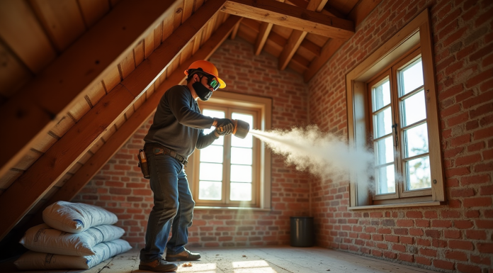 Artisan soufflant de l'isolation dans une mansarde de maison ancienne