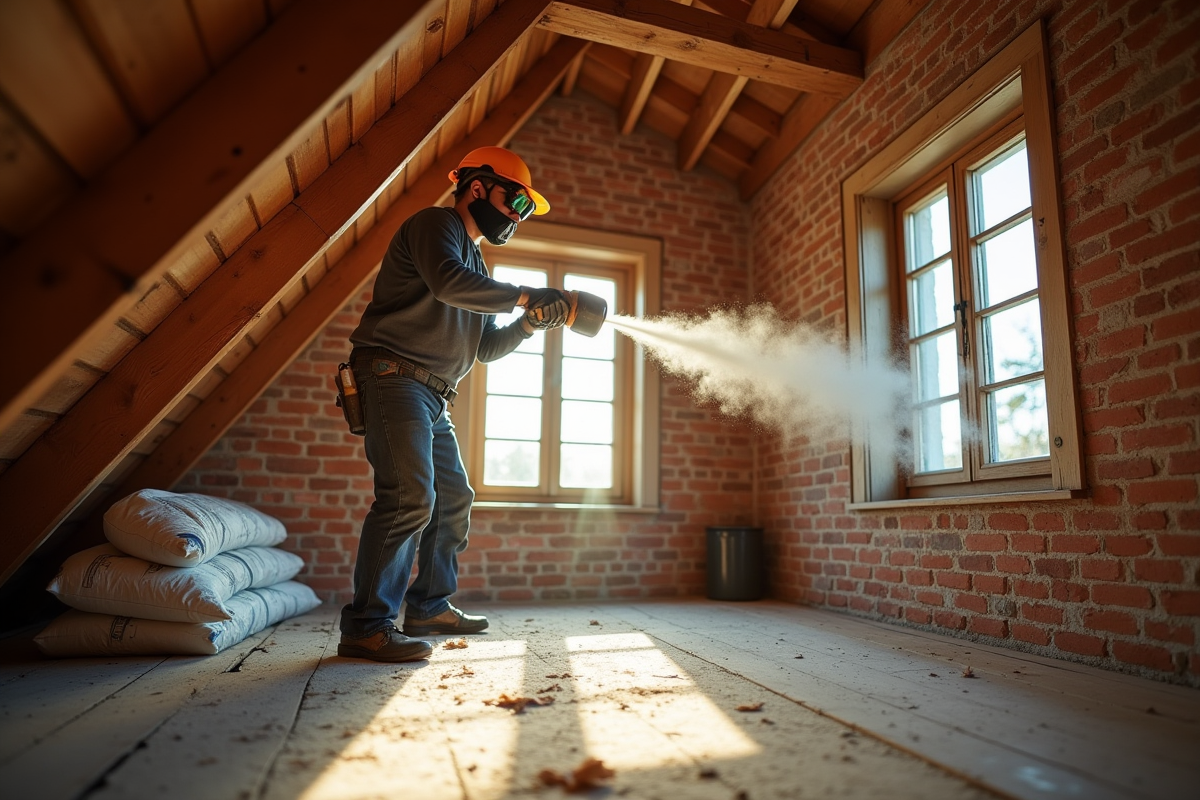 Artisan soufflant de l'isolation dans une mansarde de maison ancienne