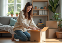 Chat: s’adapter à une nouvelle maison, astuces et conseils Jeune femme déballant une boîte dans un salon cosy