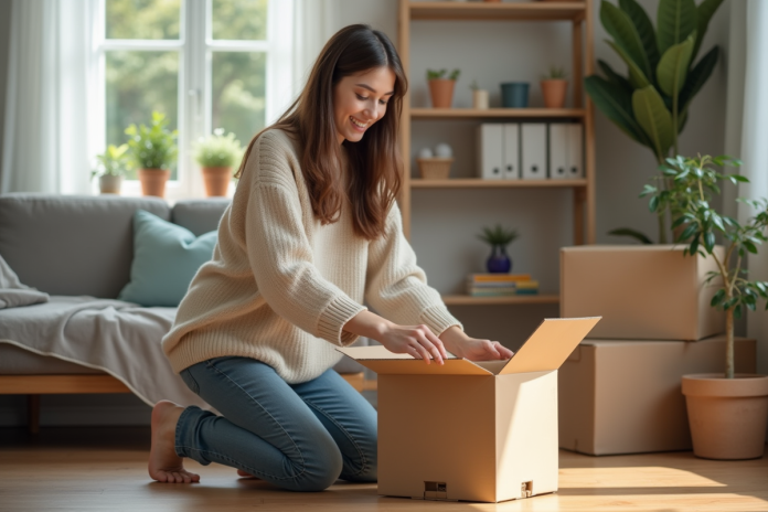 jeune-femme-deballant-box Jeune femme déballant une boîte dans un salon cosy