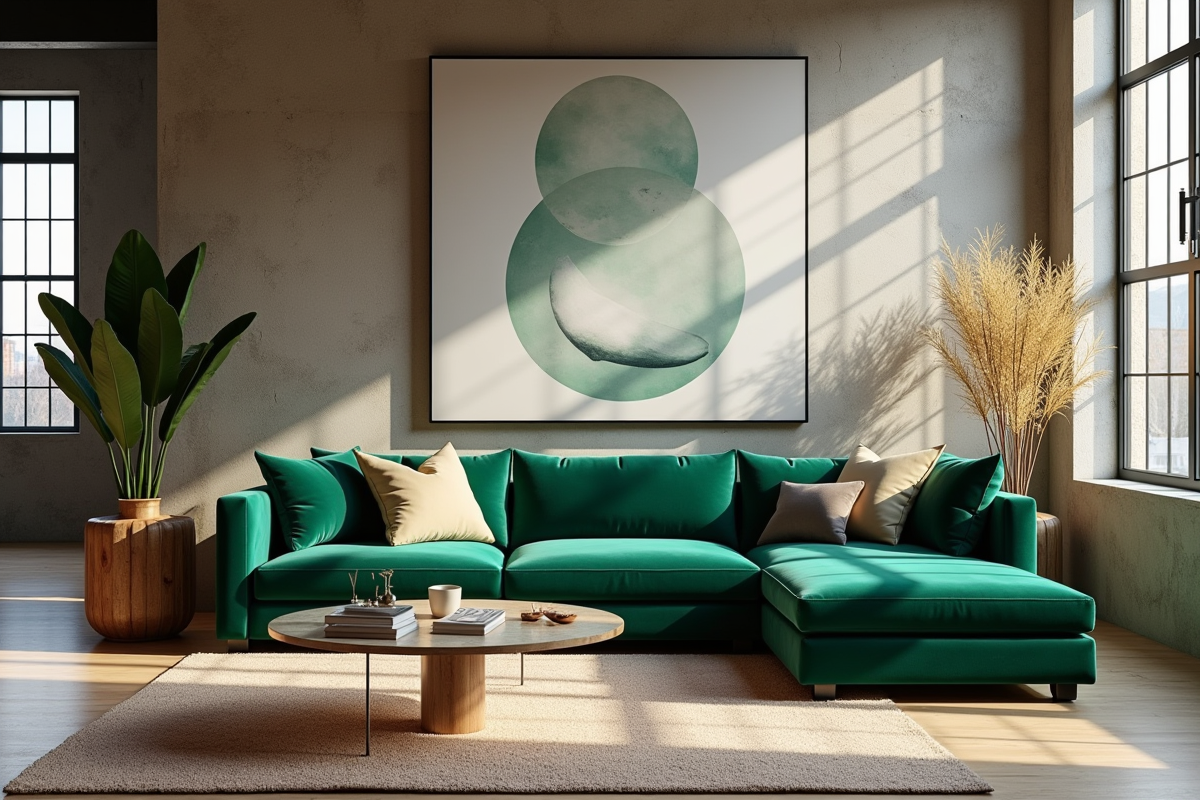 Espace de vie loft avec canapé vert émeraude et art moderne