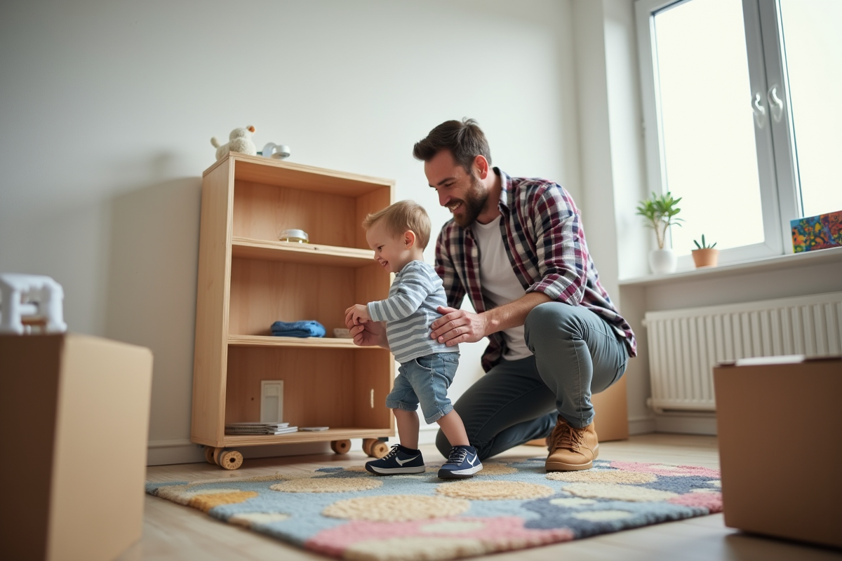 Père et enfant assemblant une étagère dans une chambre neuve