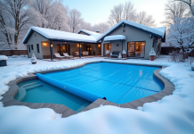 Piscine d'hiver avec couverture bleue sécurisée dans la neige
