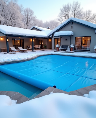 Piscine d'hiver avec couverture bleue sécurisée dans la neige