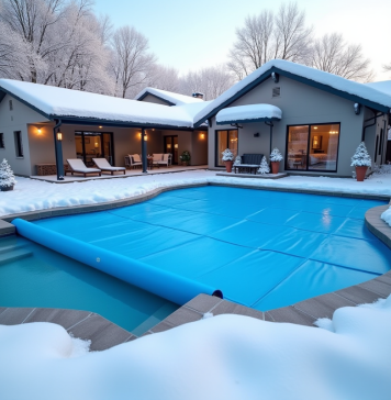 Piscine d'hiver avec couverture bleue sécurisée dans la neige
