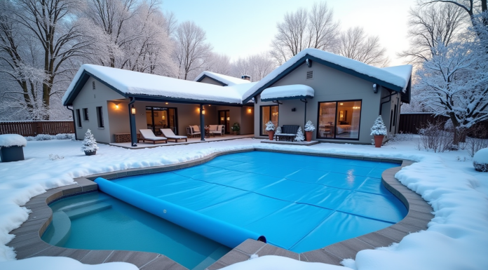 Piscine d'hiver avec couverture bleue sécurisée dans la neige