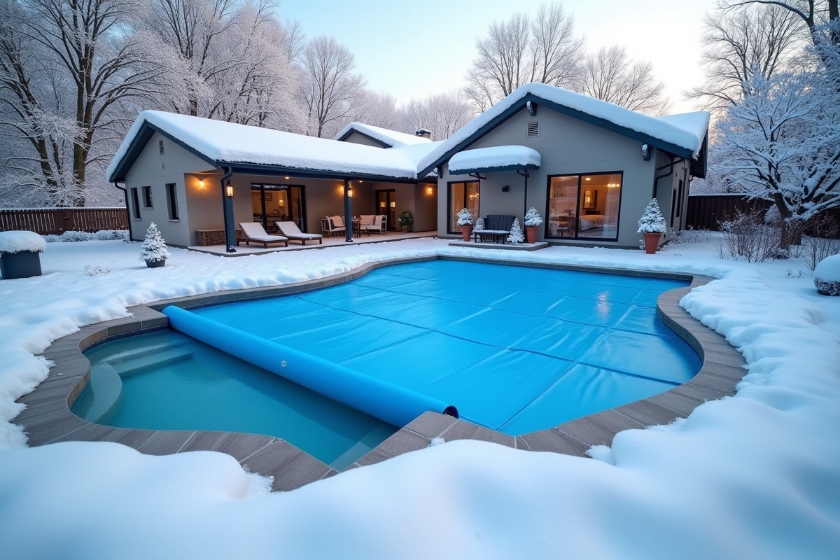 Piscine d'hiver avec couverture bleue sécurisée dans la neige