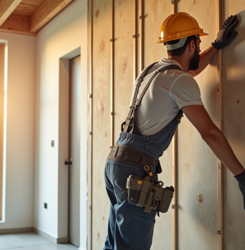 Constructeur posant panneaux d'isolation murale moderne