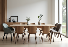 Salle a manger moderne avec chaises design autour d'une table en bois