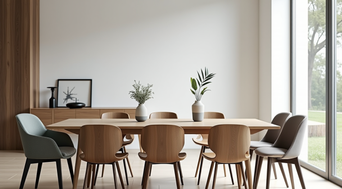 Salle a manger moderne avec chaises design autour d'une table en bois