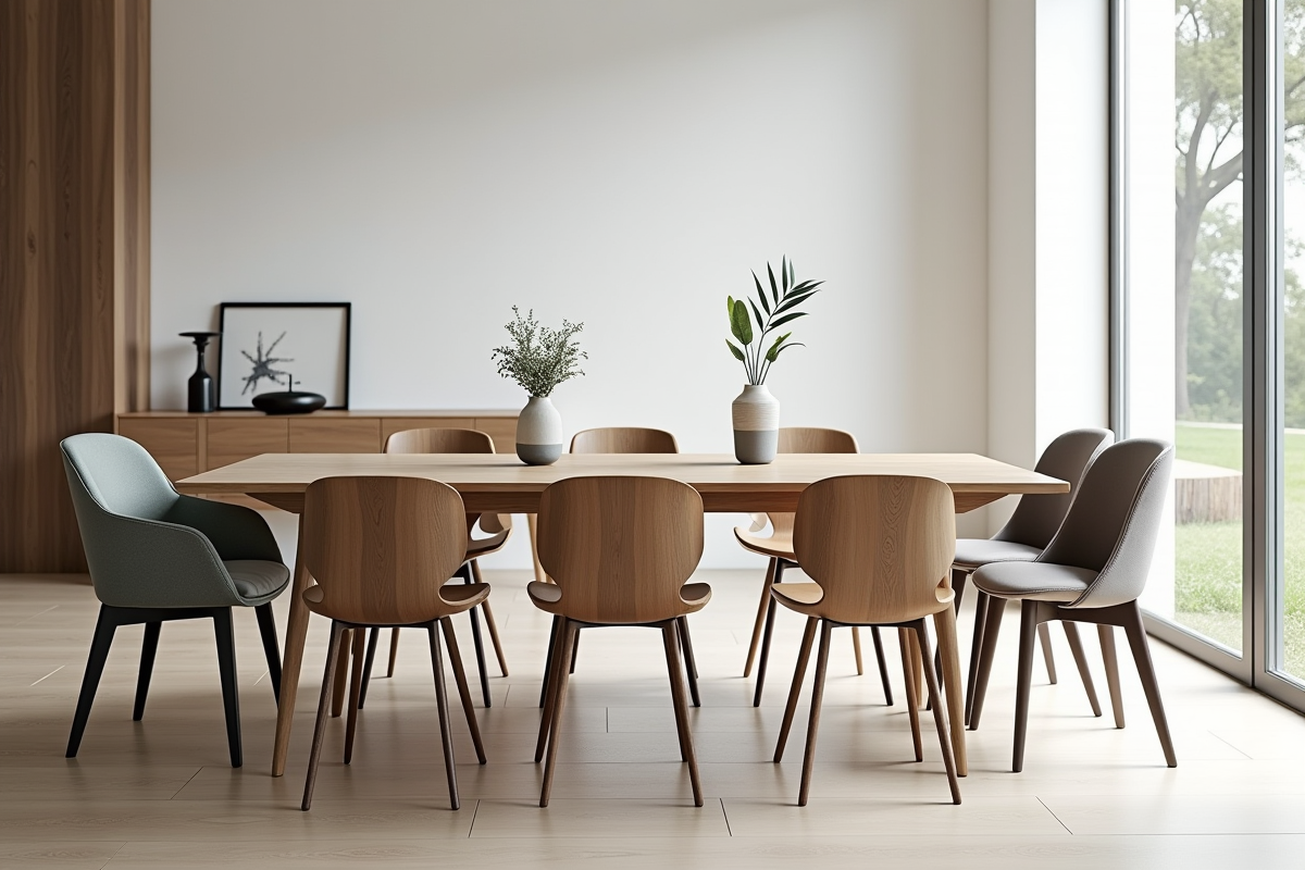 Salle a manger moderne avec chaises design autour d'une table en bois
